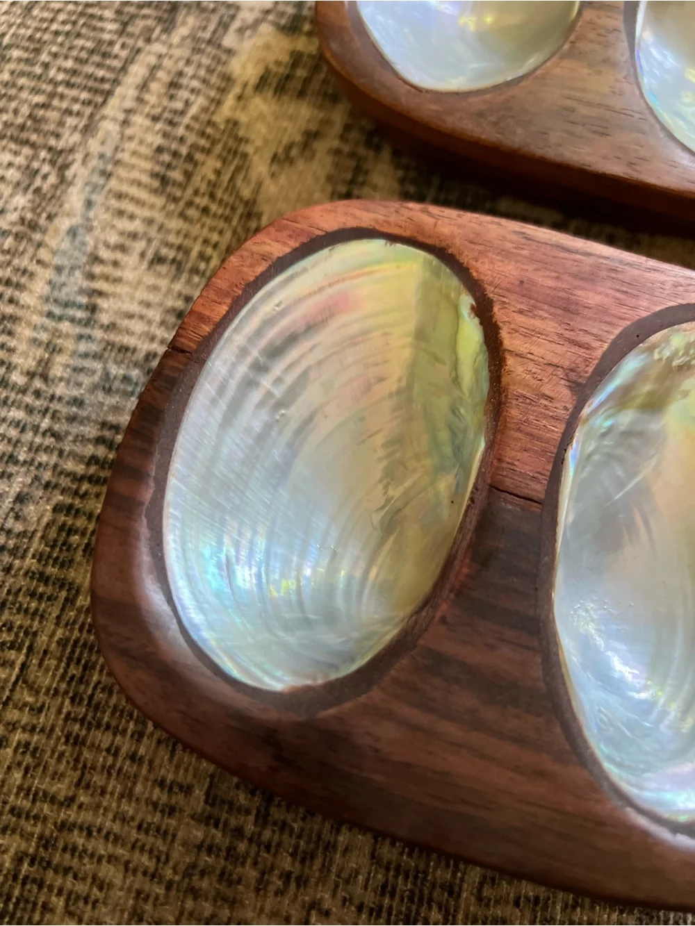 2 Vintage Mid-Century Monkey Pod Wood Double Salt Cellars Mother of Pearl Inlay